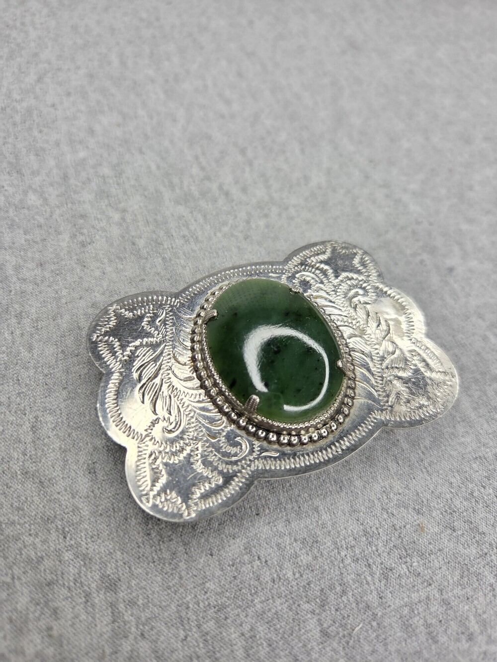 Vintage Womens Western Nickel Silver Jade Cabochon Gem Belt Buckle Scroll